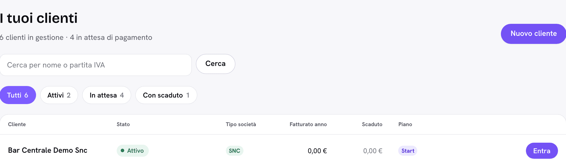 La pagina clienti studio di ammodo con i filtri per stato e la riga di un cliente attivo