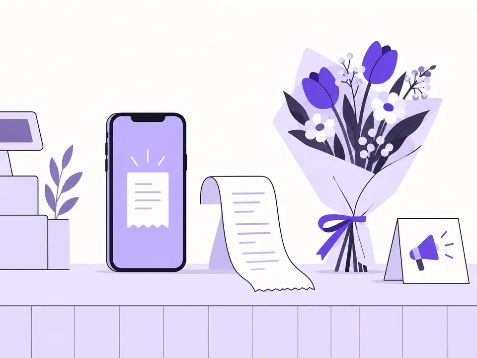 Un telefono con il simbolo di uno scontrino accanto a una ricevuta e a un mazzo di fiori.