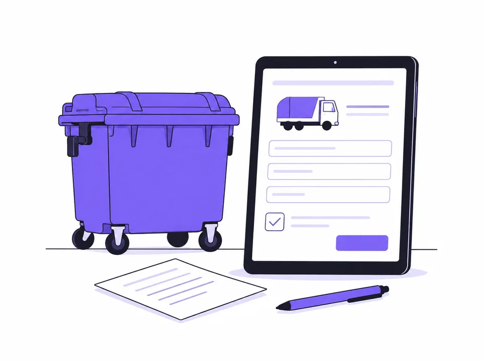 Contenitore viola per rifiuti, tablet con formulario, foglio e penna.