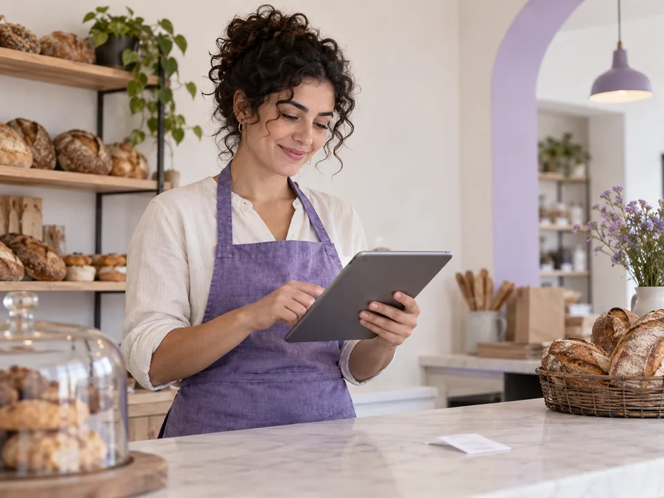 Scena illustrativa: una negoziante gestisce un documento commerciale dal tablet.
