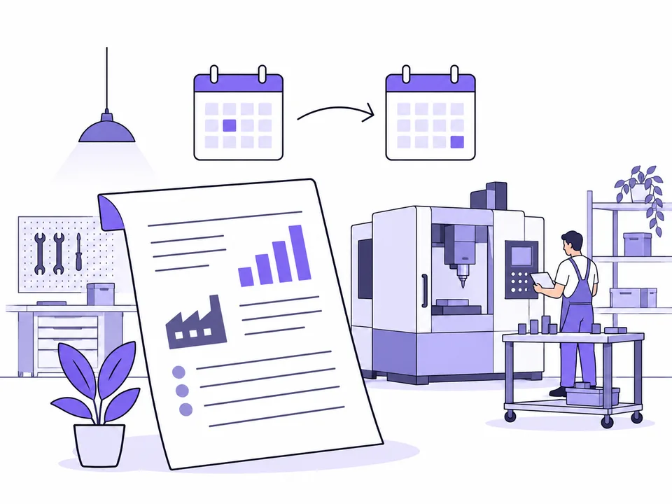 Piano di investimento davanti a un laboratorio, con macchinario e due calendari.
