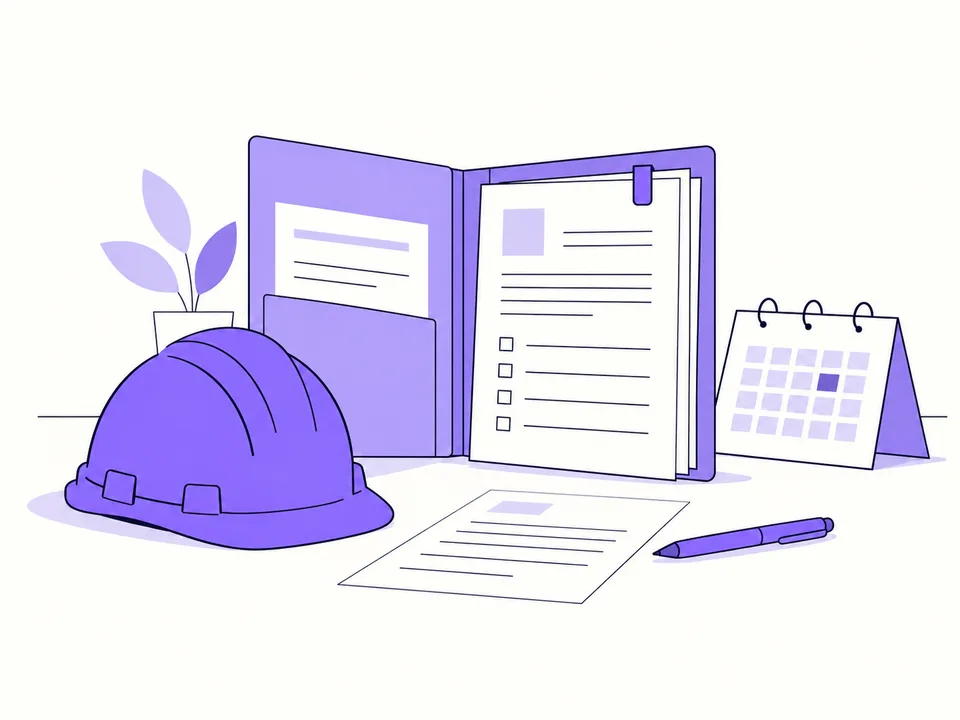 Un casco di sicurezza viola accanto a un fascicolo e a un calendario.