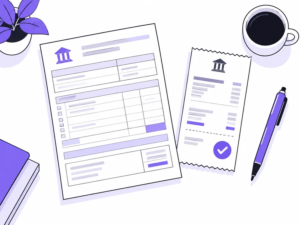 Un modulo di pagamento affiancato a una ricevuta bancaria e una penna viola.