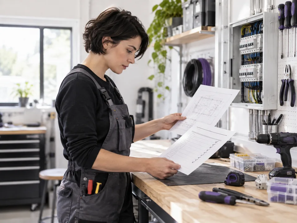 Scena illustrativa: un’elettricista confronta preventivo e lavoro svolto.