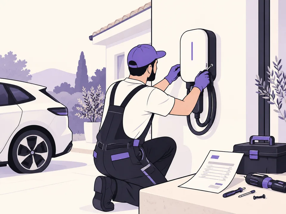 Installatore al lavoro su una wallbox domestica con documenti della spesa