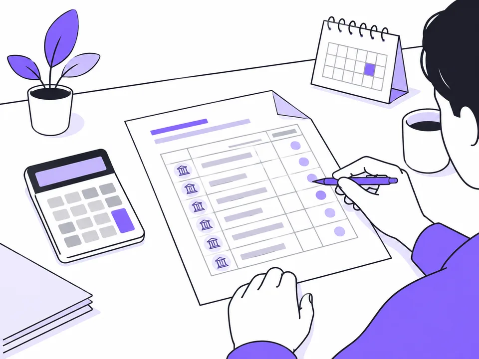 Una persona controlla un piano rateale con calcolatrice e calendario.
