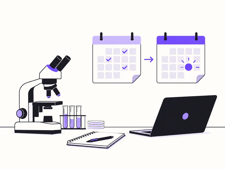 Microscopio in laboratorio accanto a due calendari della domanda