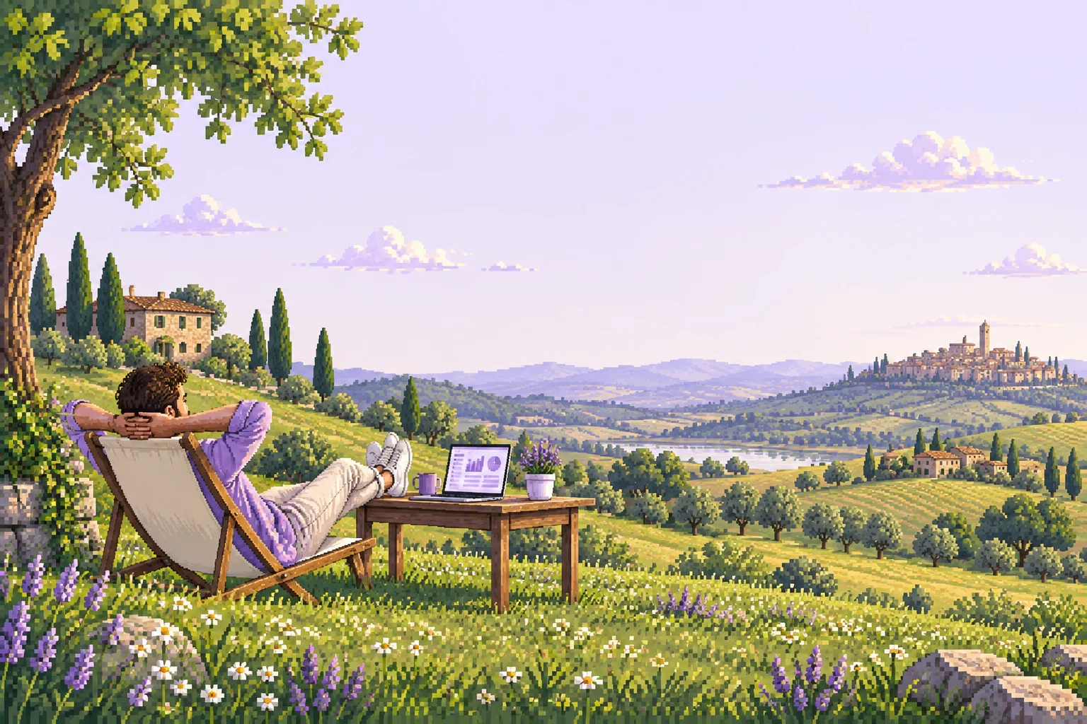 Un imprenditore si rilassa su una sdraio, con il computer accanto, in un prato in pixel art.